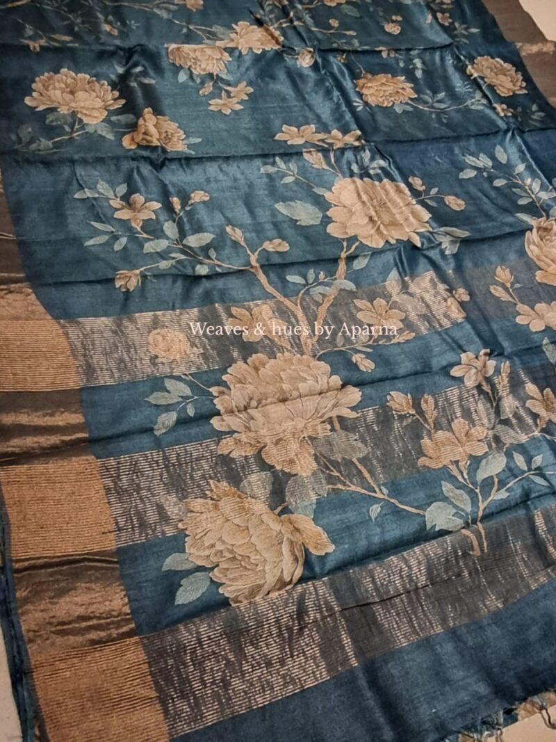 Handwoven Printed Tussar silk saree - Ecommerce