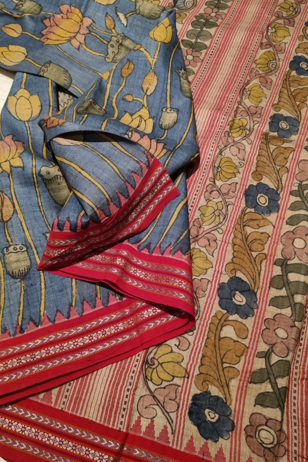 Pen Kalamkari work on handwoven Vidarbha Karvati kinar Tussar silk ...