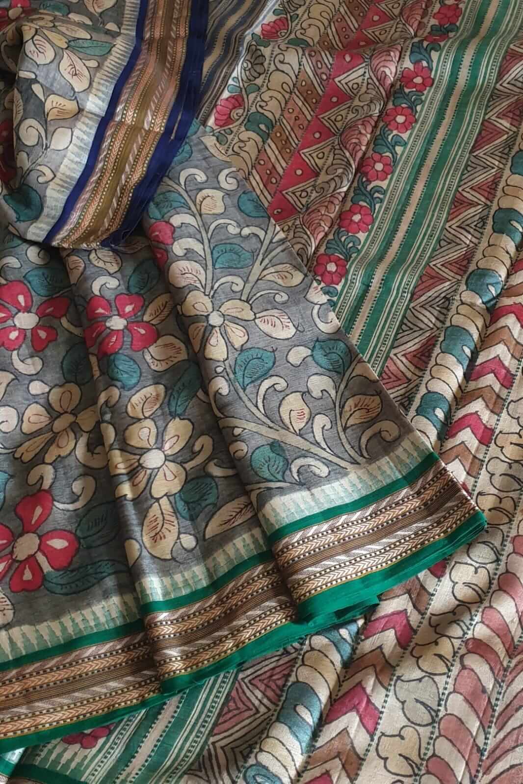 Exquisite Hand Painted Pastel Kalamkari Tussar Silk Saree - Beauty in Silk  – Luxurion World