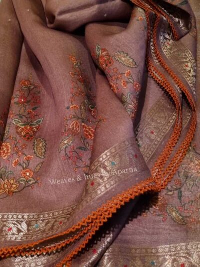 Printed light weight Muga Tussar silk saree with mukaish handwork and lace border