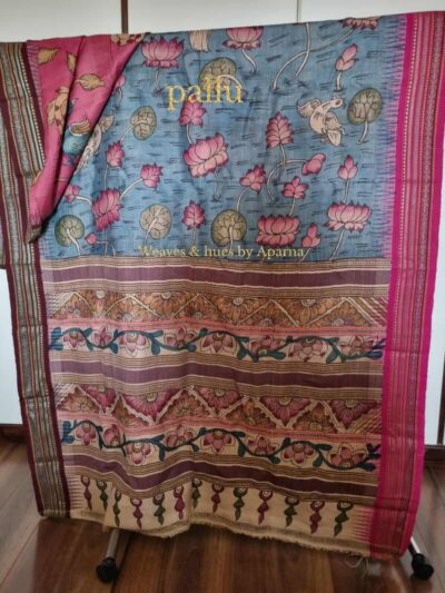 Pen Kalamkari work on handwoven Vidarbha Karvati kinar Tussar silk saree