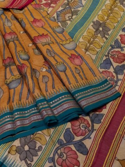 Pen Kalamkari work on Handwoven Vidarbha Tussar silk saree